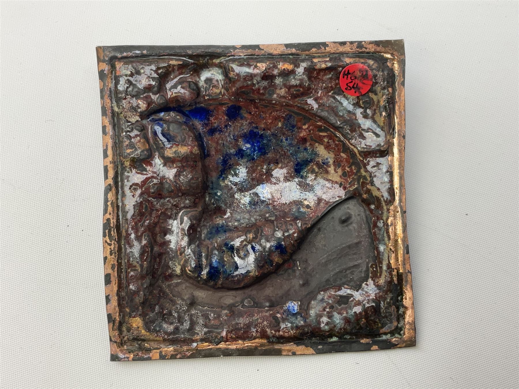 Henry George Murphy (1884-1939), large Arts & Crafts enamel panel, of square form decorated with a stylised ship, upon a green and blue ground, H7cm W7cm  