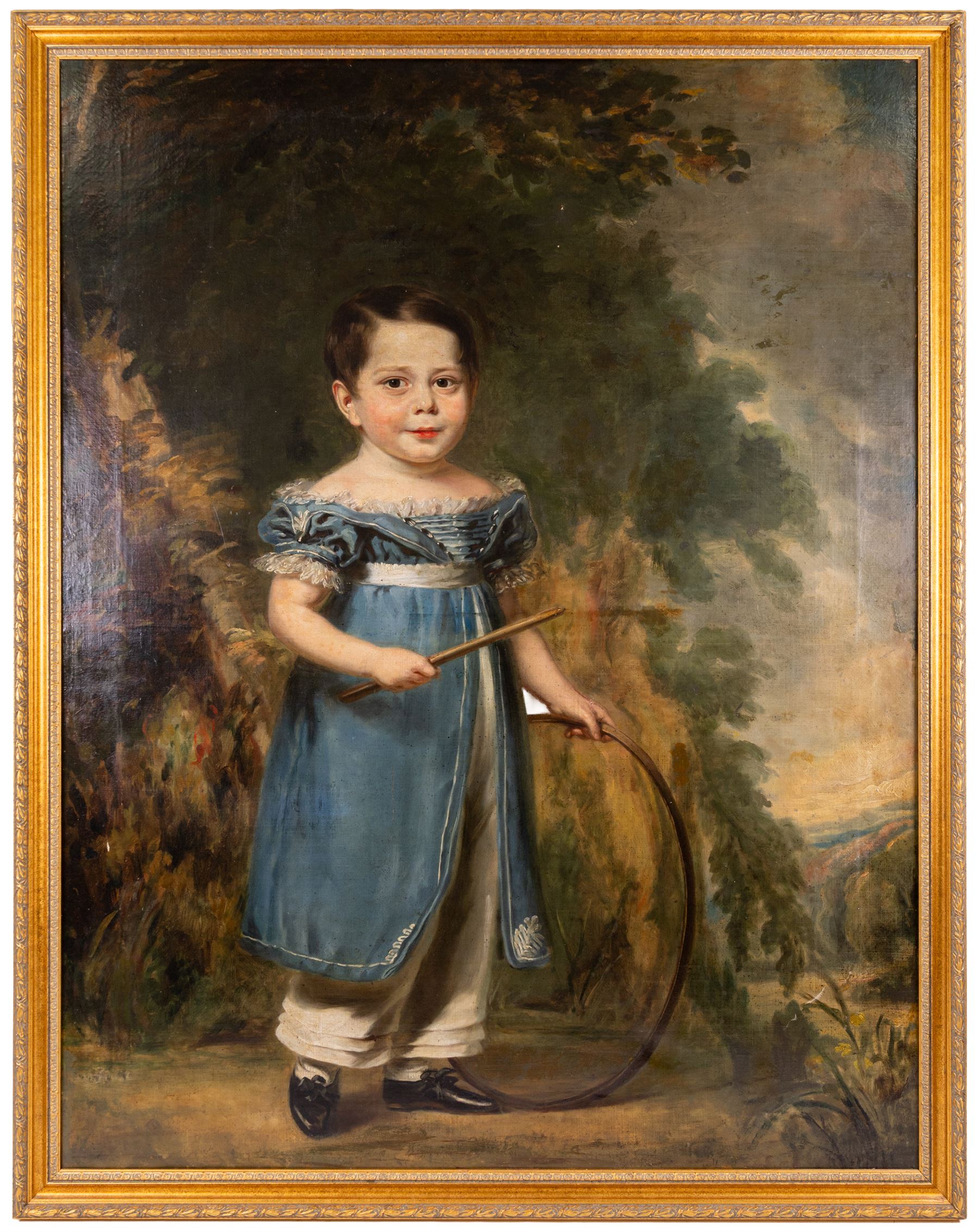 English Naïve School (Early 19th century): Portrait of a Young Boy with Stick and Hoop, oil on canvas unsigned 123cm x 95cm