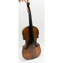  Late 19th century German violin for completion with 36cm one-piece maple back and ribs and spruce top, bears label Copie De Albani Palermo 1633, 59cm overall together with three books on violin construction, restoration and varnishing  