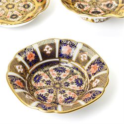 Mixed Royal Crown Derby Imari pattern 1128 wares, to include two Golden Primrose vases, both boxed, 8.5cm; five petal tray, boxed, D11.5cm, sweet tray, D13cm, miniature loving cup, boxed, and a miniature vase, H6cm etc (10)