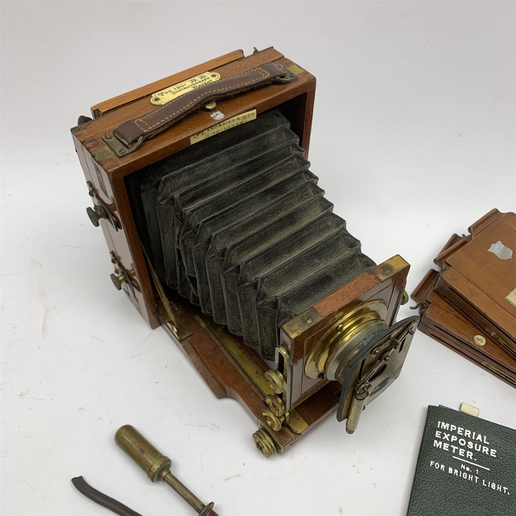 Lancaster Camera - mahogany and brass cased, 'The 1901 Instantograph Patent', lens with see-saw shutter, two additional plates