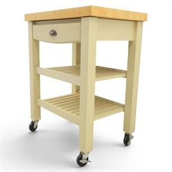 T & G Woodware - 'Pembroke Trolley' contemporary butchers block kitchen trolley, single drawer, two tiers of shelving raised on castors