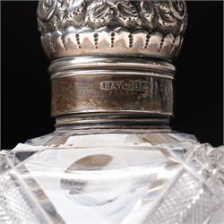 Edwardian glass globe scent flask with silver cover H13cm Birmingham 1905 and another of etched panel sided form with silver cover by Hilliard &Thomason (2)