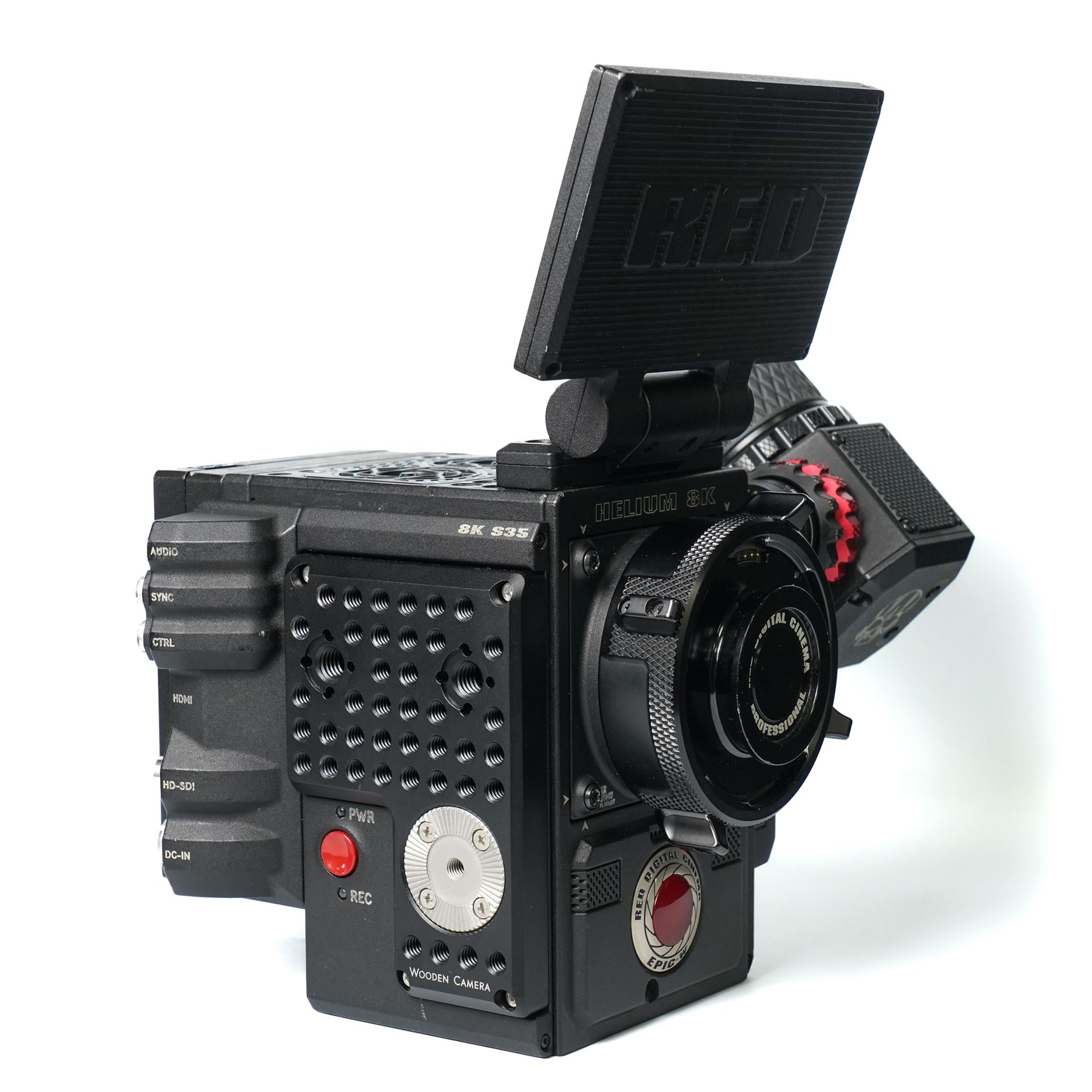 RED Epic-W Helium 8K camera body serial no. 13024E6A9, with RED EVF, three RED Mini Mag 512GB cards, one 480 Mini Mag card and reader, two RED V-Mount batteries and charger, RED top handle, Wooden Camera Easy Top top plate and one other top plate, various accessory cables, Wooden Camera bridge plate for 19mm studio rods, 12 inch Wooden Camera Dovetail plate and four 19mm studio rods to include two 380mm and two 610mm, with original Epic-W camera box and contained within a custom cut flight case