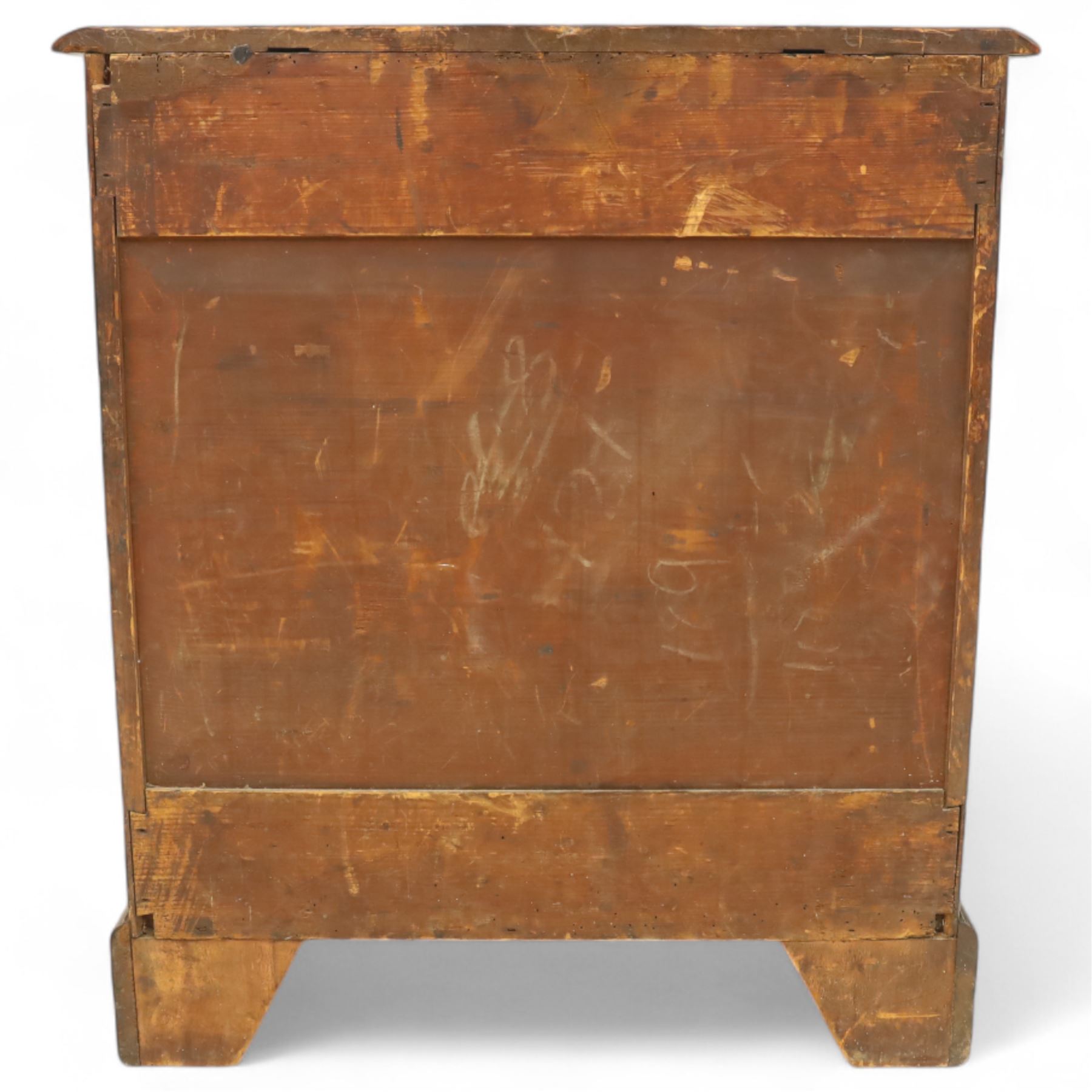 Small 19th century figured walnut chest of drawers, rectangular top with moulded edge over four graduating drawers with brass batwing handles, raised on bracket feet
