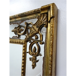  Regency style gilt framed rectangular mirror, bevelled sectional plate with bead, urn scroll and foliate detail, H184cm, W91cm  