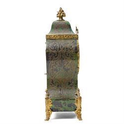 Late 19th century mantel clock in stained green tortoiseshell Boulle work case with white and blue enamel dial, bell strike and gilt metal mounts on shaped supports H30cm