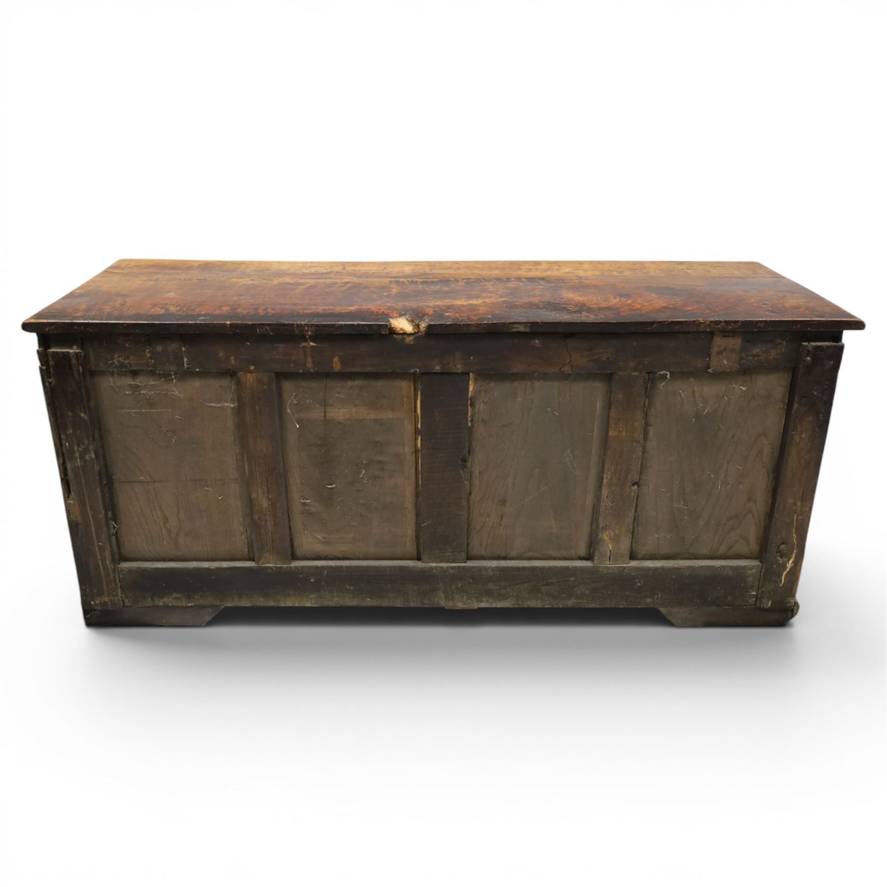 18th century oak coffer, rectangular top with moulded top, four fielded panel front, raised on a moulded plinth base