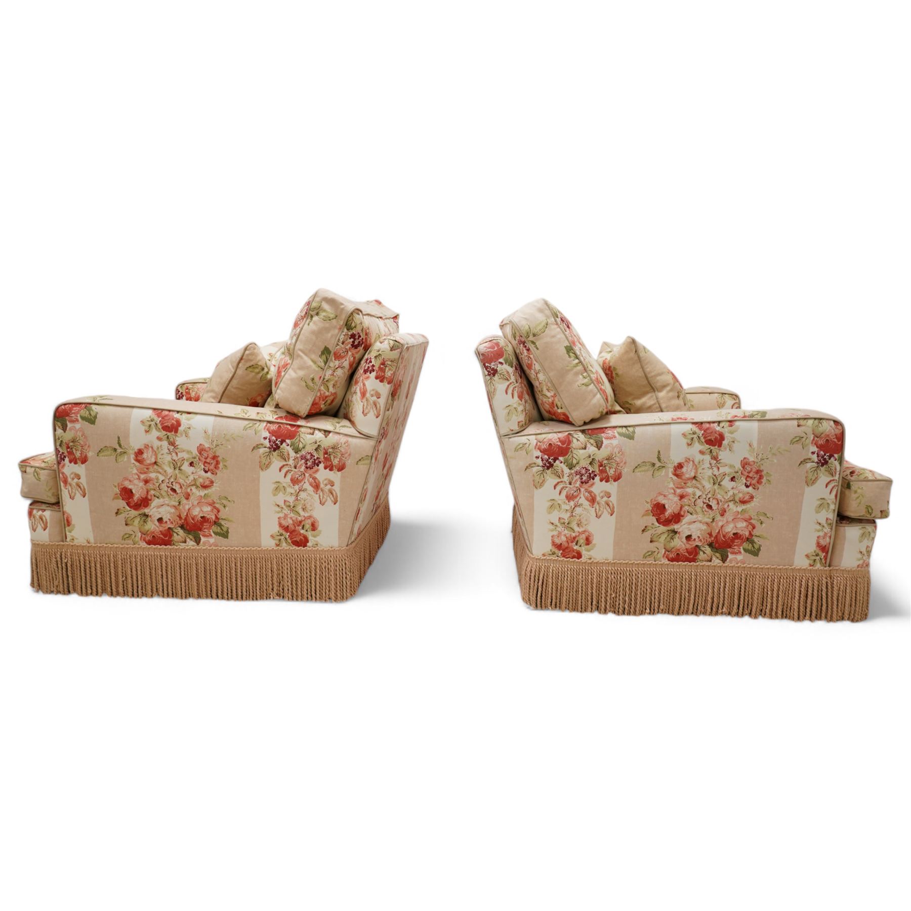 Edwardian design two-seat sofa (W165cm, H83cm, D106cm); and matching pair of armchairs (W80cm); upholstered in striped fabric decorated with floral bouquets and gold fridge