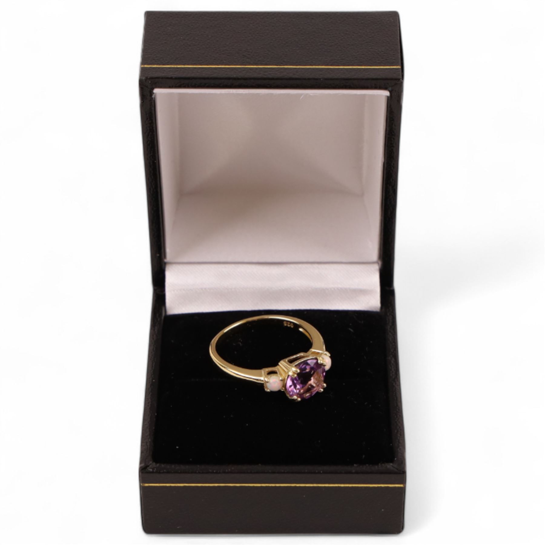 Silver-gilt amethyst and opal ring, stamped 925, boxed