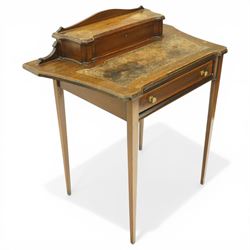 Edwardian inlaid mahogany ladies writing desk, shaped top surmounted with lidded stationary compartment, above a singular drawer, on slender tapering supports