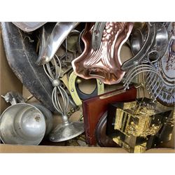 Assorted items, to include various metal was including ship's bell, kukri knife, mounted fishing flies, wooden book stand, part canteen of cutlery, etc., in three boxes 