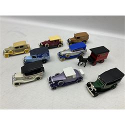 Collection of die-cast vehicles to include Corgi, Dinky, Lledo and Days Gone, housed in six wood display units