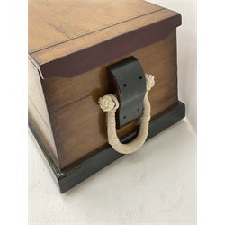 Contemporary seaman's type wooden travelling trunk, of tapering oblong form with hinged lid and platform base, and plaited rope carrying handles to each side, W99cm, H39cm, D50cm