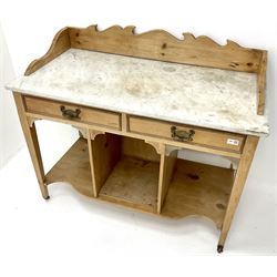 Victorian pine washstand with marble top, raised shaped back, two drawers, square tapering supports joined by undertier