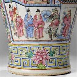 Large pair of 19th century Cantonese famille rose vases, each painted with various courtly scenes, including a display of warriors fighting on horseback before an official and his attendants, double Buddhist lion handles and applied at the shoulders with chilong, the lower band painted with Greek key motif, H58cm (2)