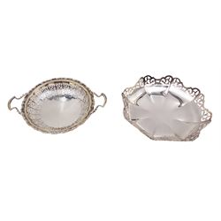 1920s silver twin handled bon bon dish, of circular form with pierced sides, upon a stepped circular foot, hallmarked 	Beddoes & Co, Birmingham 1927, together with a 1940s silver bon bon dish, part faceted with shaped pierced rim, upon a stepped hexagonal foot, Deakin (Silversmiths) Ltd, Sheffield 1943, largest D12cm