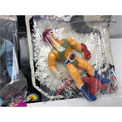 Five 1980s LJN Thundercats figures - Lion-O with sword, Snowman, S-S-Slythe, Tygra and Mumm-Ra; all re-bagged on original backing cards; partially stocked Panini sticker album; story cassette tape and three catalogues; together with Ghostbusters Slimer with food and Comic
