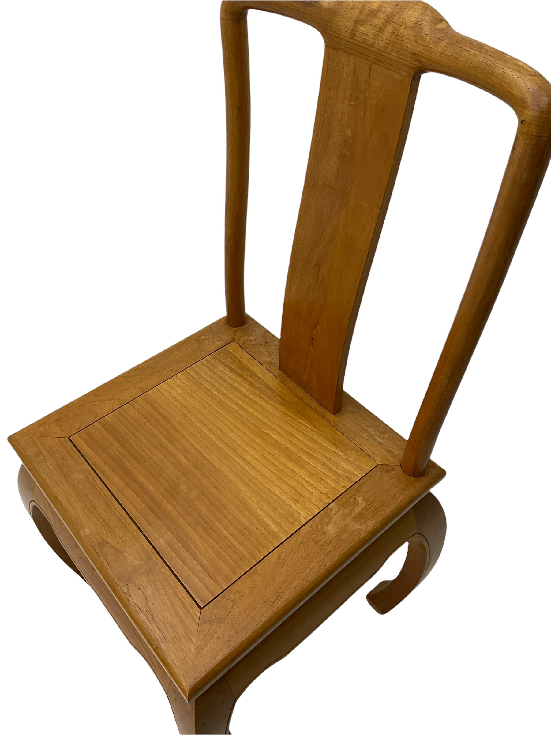 Oriental hardwood rectangular dining table, and six high back dining chairs with solid seats