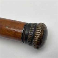 19th century malacca walking cane, the screw threaded domed cover opening to reveal vacant recess, above a further screw threaded opening revealing a removable glass vial with stopper, glass vial L41cm, cane L89.5cm