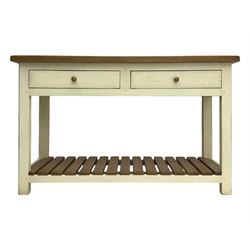 Fired Earth - contemporary Bastide style console table, oak top over cream painted frame fitted with two drawers and turned wooden handles, above a slatted oak undertier, raised on square supports