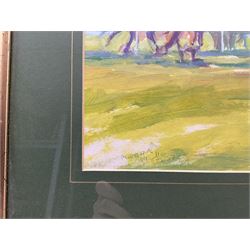 Margery Shotton (British 1943-): 'Rounding the Bends at Sedgefield Races', acrylic signed and dated 2002, titled verso 27cm x 49cm 