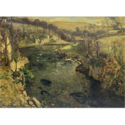 Reginald Grange Brundrit RA ROI (British 1883-1960): The River Wharfe at Loup Scar near Grassington, oil on canvas signed c.1924, 45cm x 60cm
Provenance: en plein air preliminary study for a larger work dated 1924 hanging in the Cartwright Hall, Lister Park, Bradford
