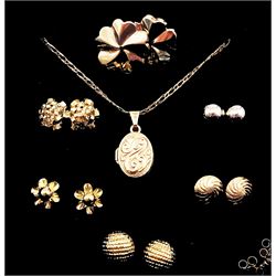 Gold locket pendant necklace and six pairs of gold stud earrings, all 9ct hallmarked or tested 