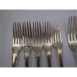 Victorian silver Fiddle pattern cutlery, comprising table spoons, dessert spoons, table forks, dessert forks and teaspoons, all engraved with a tiger and sword crest, hallmarked Joseph & Albert Savory, London 1839