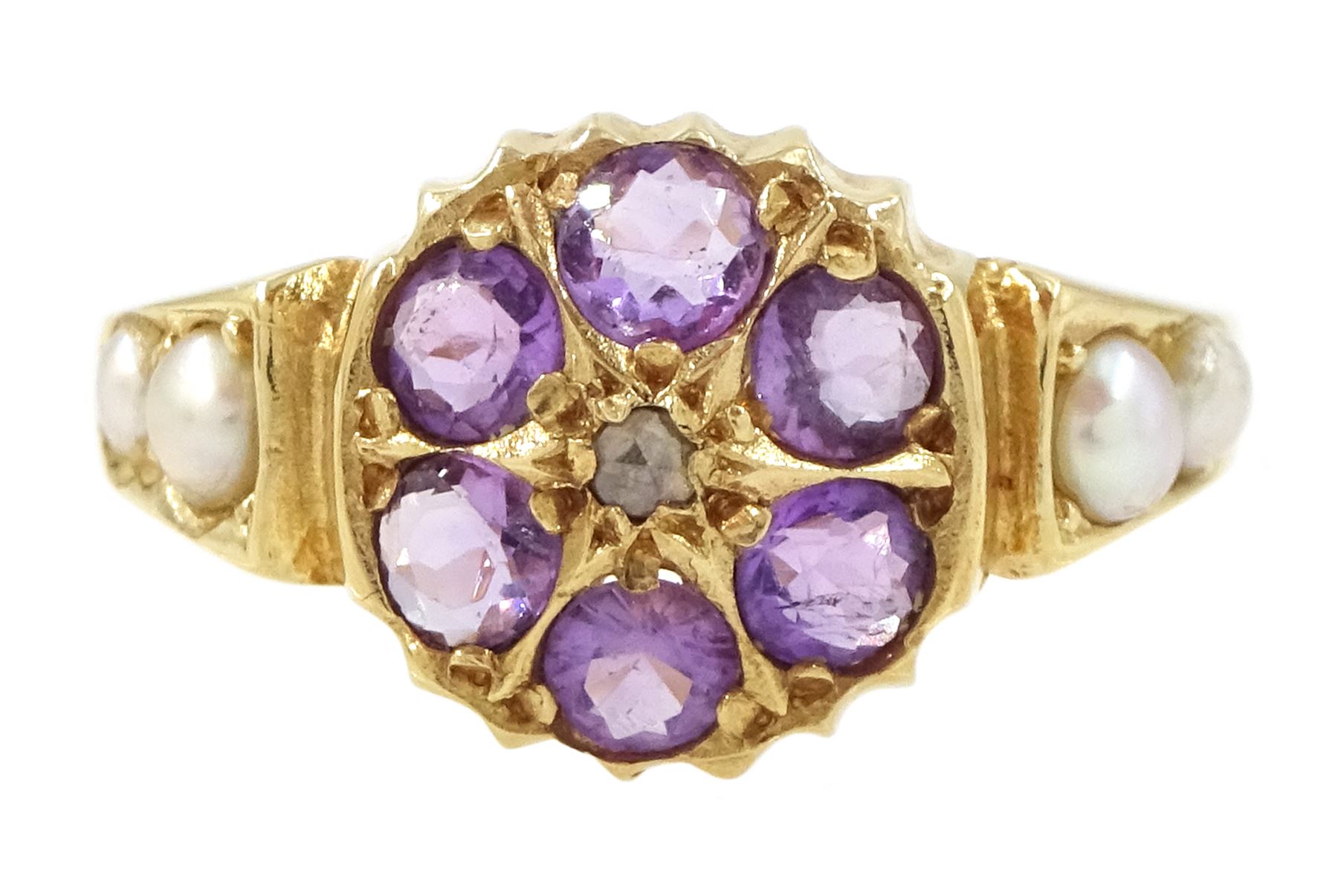 14ct gold amethyst, diamond and pearl ring, single rose cut diamond, surrounded by six round cut amethysts, the shoulders with two split pearls set either side