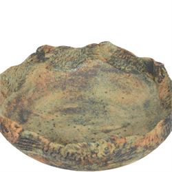Studio pottery bowl, textured bowl with fish to the rim, with indistinct potters mark to base, H14cm, 38cm