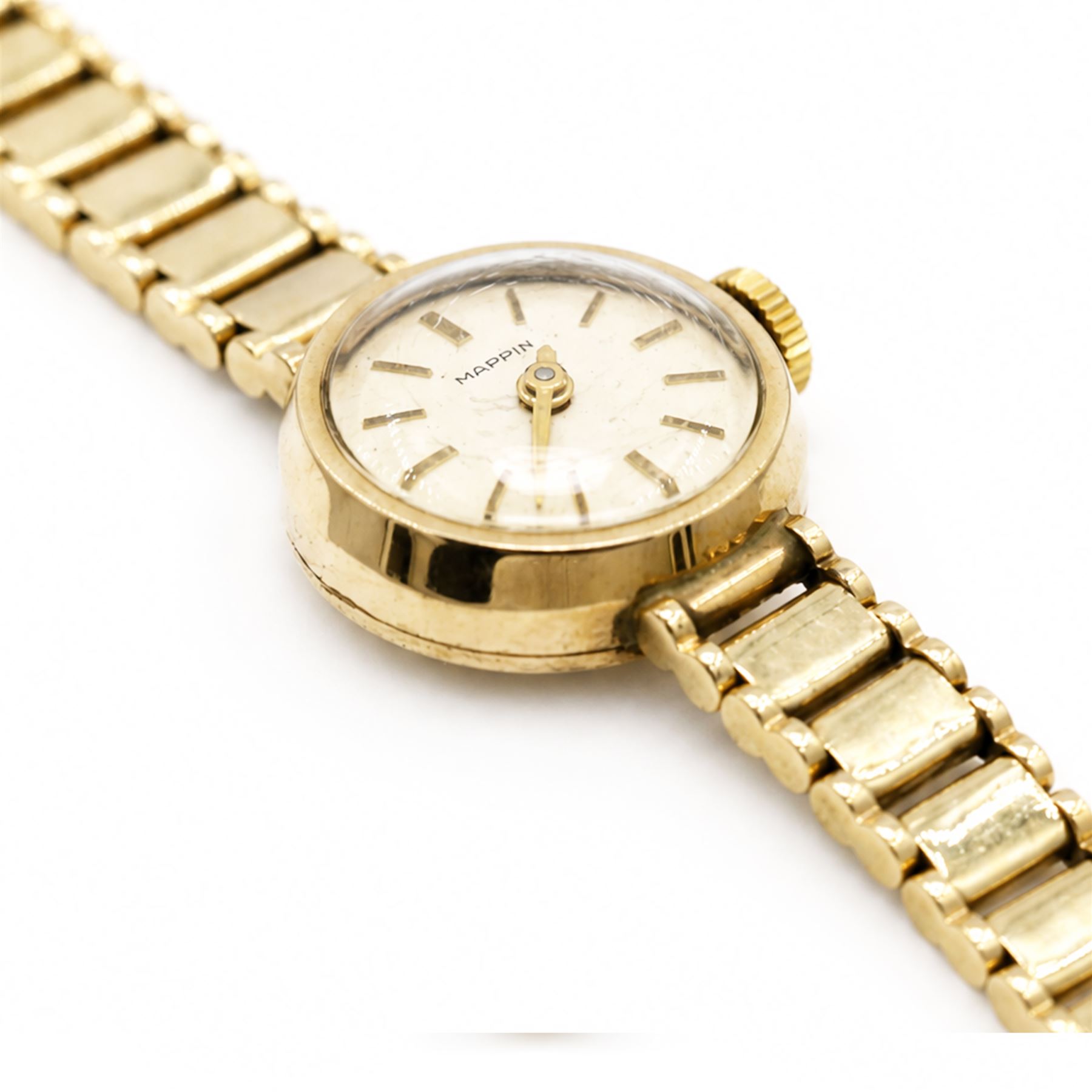 Ernest Borel ladies 9ct gold manual wind presentation wristwatch, silvered dial with baton hour markers, retailed by Mappin, on integral 9ct gold bracelet, London 1962
