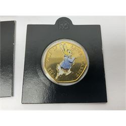 Four gold plated and coloured commemorative fifty pence coins, comprising 2017 Benjamin Bunny, Mr Jeremy Fisher, Tom Kitten and The Tale of Peter Rabbit, with Gold Strike certificate of authenticity