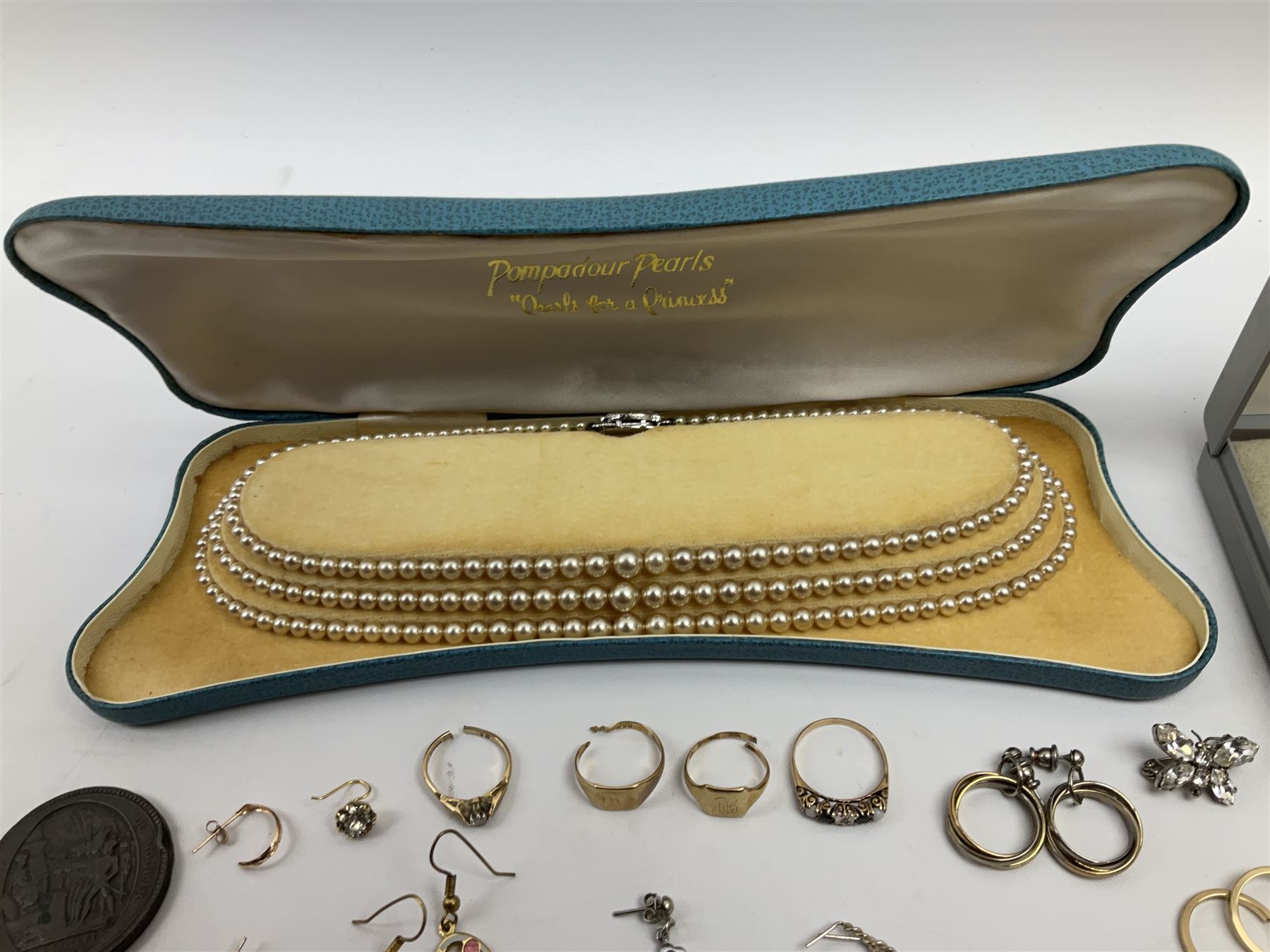 Two gold signet rings and a sapphire, opal and diamond ring, single stone diamond ring, pair of gold stone set earrings and other gold earrings, all 9ct stamped or hallmarked, silver earrings and other costume jewellery