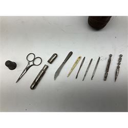 19th century wooden beehive thimble holder with silver bee decoration, black forest style pin cushion and thimble holder, modelled in the form of a standing bear and a wooden cased sewing set with silver thimble, sewing set H10cm