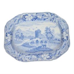 Early 19th century Spode blue and white transfer printed pottery meat plate, decorated in ...