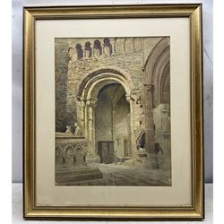 A J Robertson (British 19th Century): 'Holy Trinity - Falaise Normandy', watercolour signed, titled on original label; Walter Schroder (British 19th/20th Century): Church Altar and Interior, watercolour signed; together with a Norman Jackson watercolour and another print max 47cm x 35cm (4)