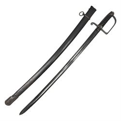 Italian M1833 Sabre with slightly curving 79cm fullered steel blade, the plain steel hilt with 'D' shaped knuckle bow, langets and wire-bound leather grip; in steel scabbard with single hanging ring L101cm overall