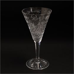  Suite of Stuart crystal Beaconsfield pattern table glass, comprising 6 claret glasses, 6 white wine glasses, 6 dessert wine glasses, 6 brandy balloons, 6 champagne flutes, and 9 whisky glasses