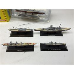 DeAgostini Atlas Editions - HMS Anson, HMS Exeter, HMS Renown, HMS Nelson, HMS Warspite, HMS Hood, Bismark, and USS Saratoga, all boxed; DeAgostini - Gneisenau, Blucher, and Prinz Eugen, packaged; together with ten further DeAgostini battleships, unboxed, and a Gilbow RMS Olympic model, boxed (qty)