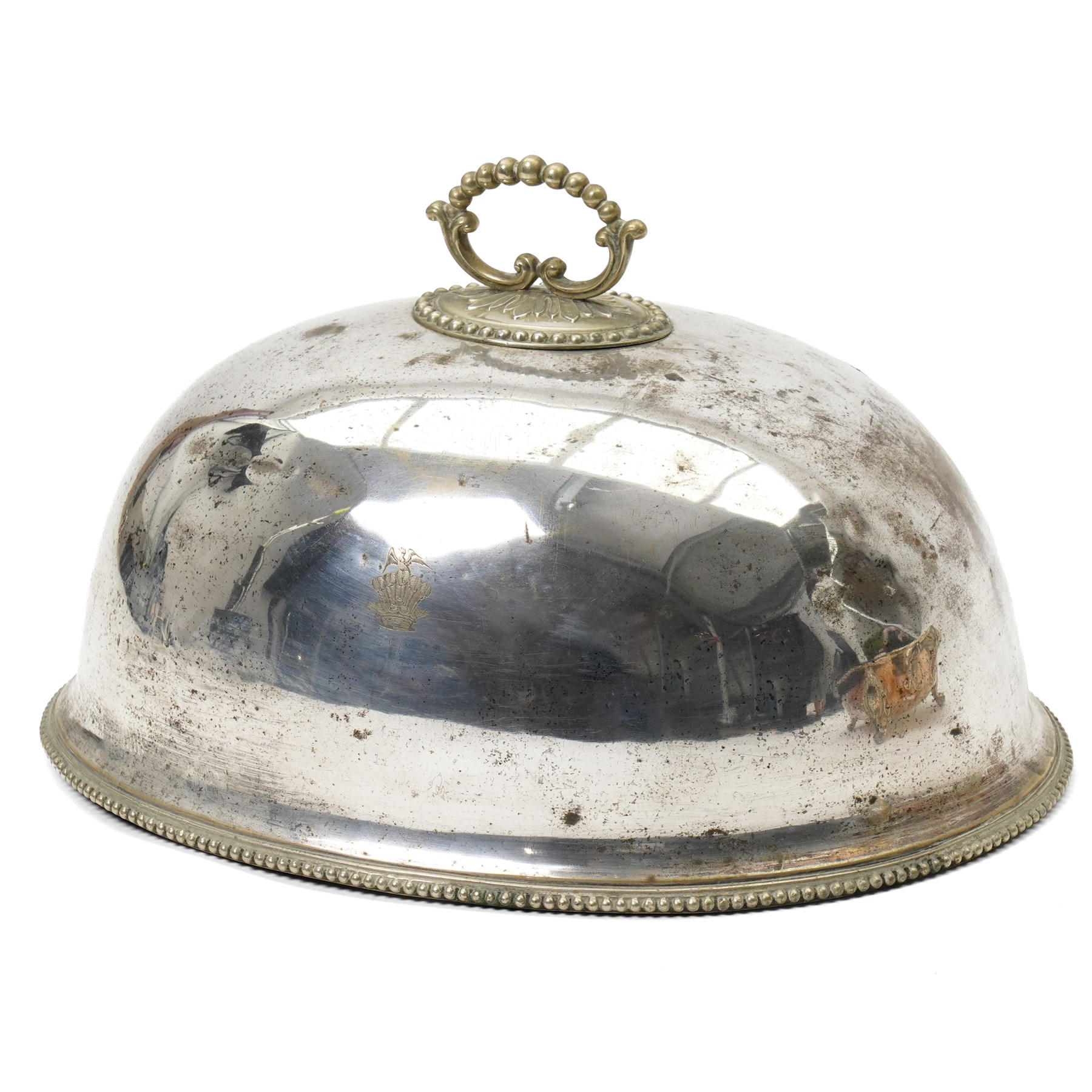 Pair of silver plated oval entree dishes and covers with bead edge and shell moulded borders and engraved covers and matching chafing dish by Martin Hall & Co and a plated meat cover