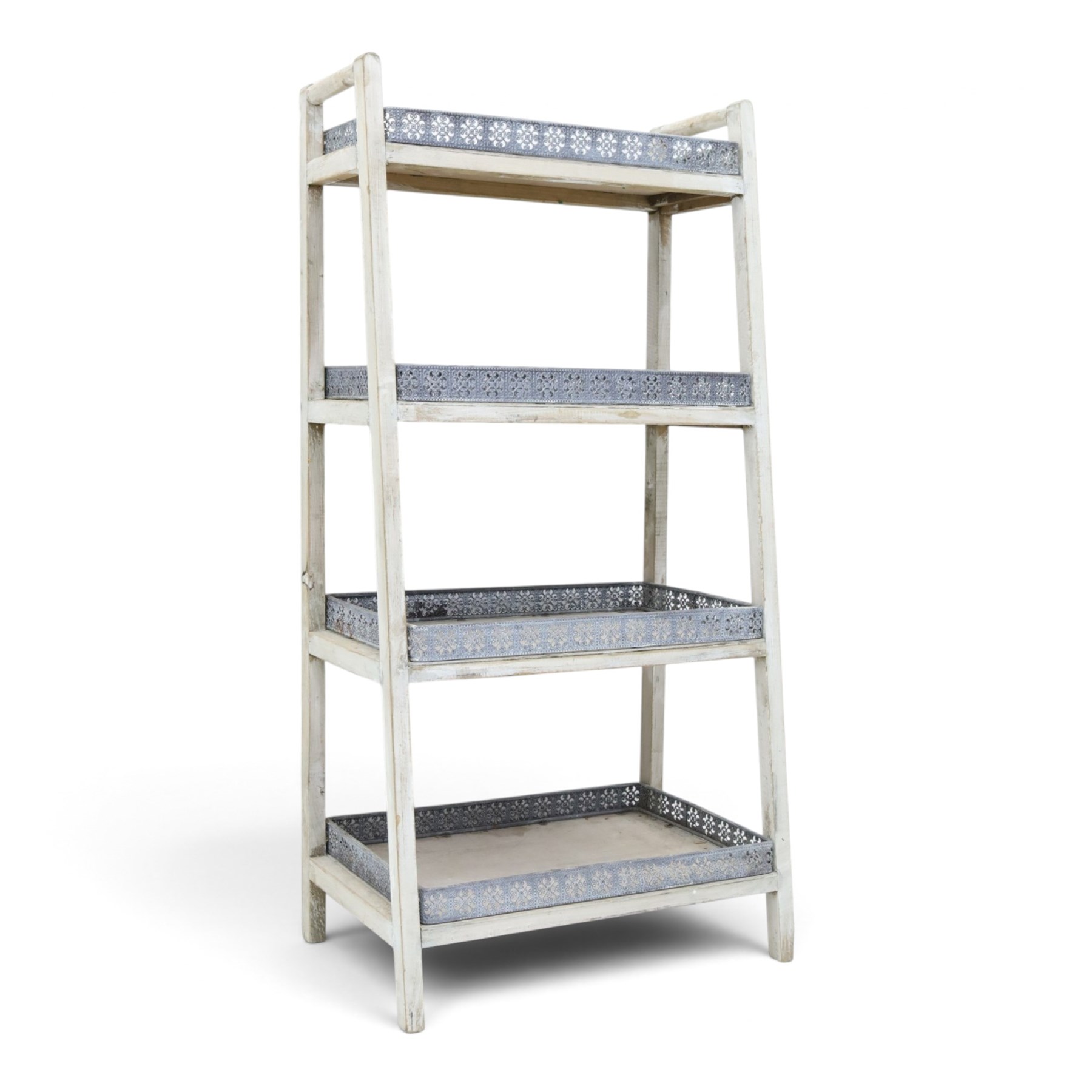 OKA style four tiered waterfall bookshelf, painted woodened frame with pierced wrought metal gallery