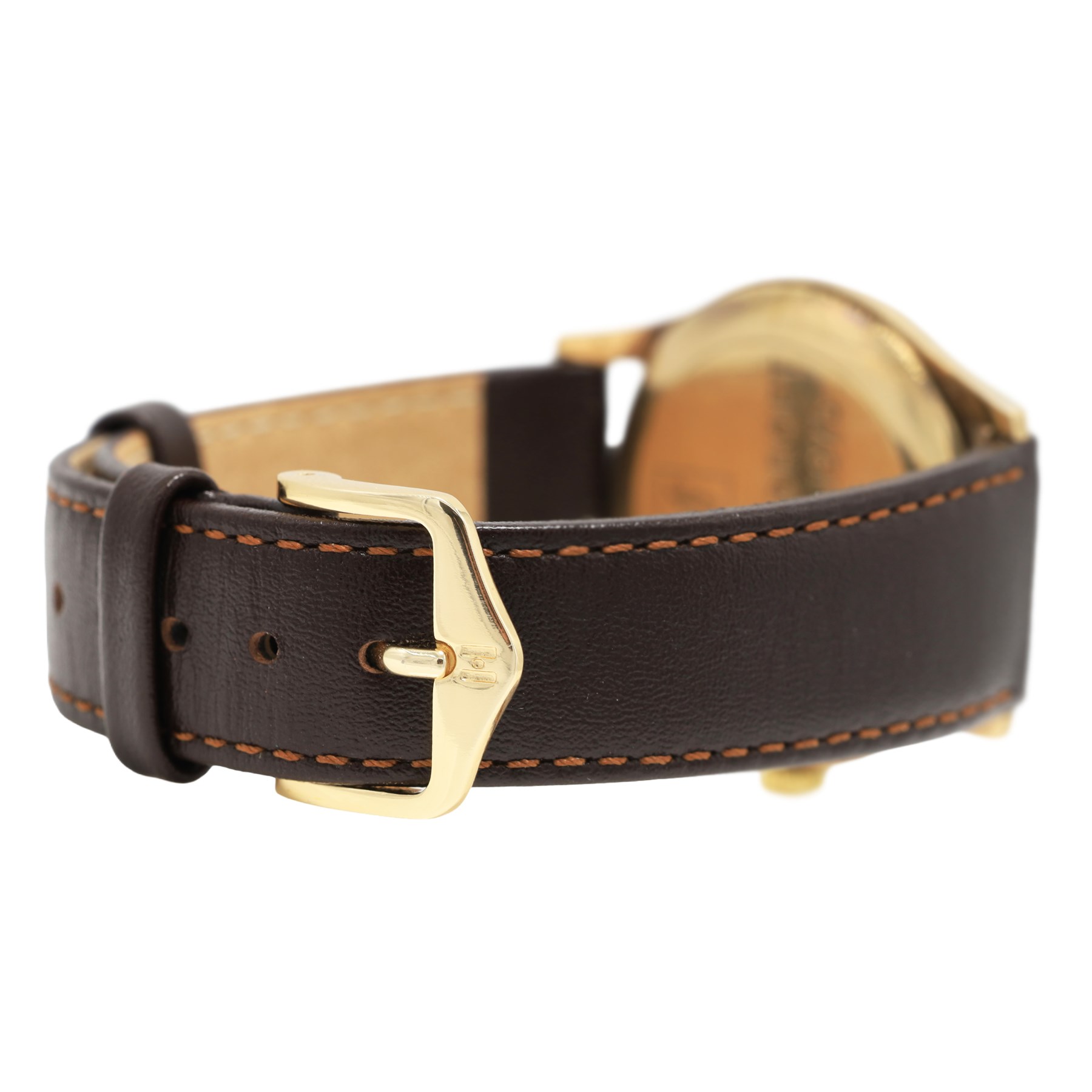 Garrard gentleman's 9ct gold manual wind wristwatch, silvered dial with Arabic hour markers and subsidiary seconds dial, the back case with personalised engraving, London 1974, on brown leather strap