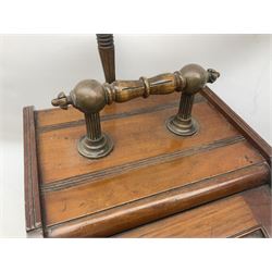 Victorian mahogany coal scuttle, the domed rolling lid carved with ornate foliate motifs opening to reveal interior with twin handled liner, mounted with carrying handle and shovel, together with brass fireside tools, largest H46cm