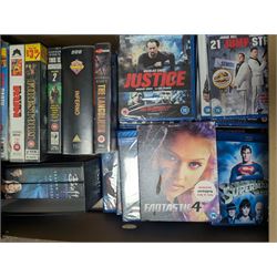 Collection of Sci-Fi and other classic film and TV VHS tapes, DVDs and Blu Rays, including Buffy, Doctor Who, Angel, etc, in four boxes