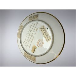 19th century Rihouet Paris porcelain cabinet plate, decorated with a central panel illustrating three French soldiers around a bottle laden table, one surveying a note, within a dark blue gilt detailed border, with French inscription verso, and red printed mark Rihouet Rue de la Paix A Paris and green fish mark, possibly for Perche, D23cm 



