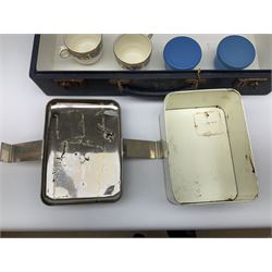 Vintage Harlequin picnic case, with tin sandwiches boxe, ceramic cups, plates, bowls and flatware for four settings, L48cm, H30cm