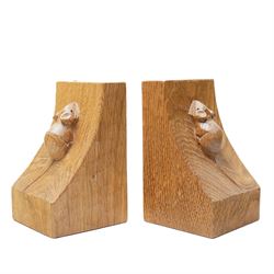 Mouseman - pair of adzed oak bookends, carved with mouse signature, by the workshop of Rob...