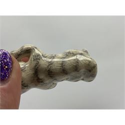 Victorian Wedgwood blue jasperware jardiniere H16.5cm; Victorian copper lustre jug; James Kent art deco style green glazed jug; and Beswick figure of a singing cat (4)