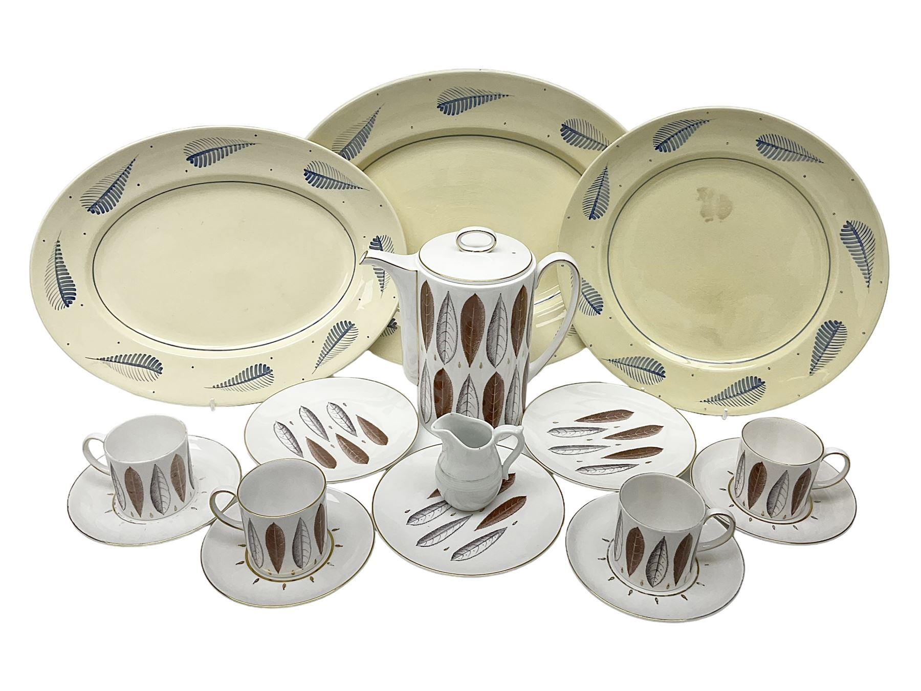 Susie Cooper Hyde Park pattern coffee set, comprising coffee pot, four coffee cans and saucers, dessert plates, together with three plates in a similar design 